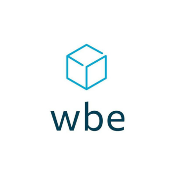 White background logo featuring a blue cube outline above the lowercase letters "wbe" in dark blue font.